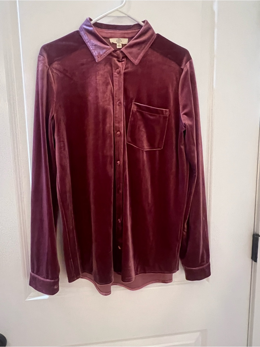 entro Velvet Button-Front Blouse in Burgundy